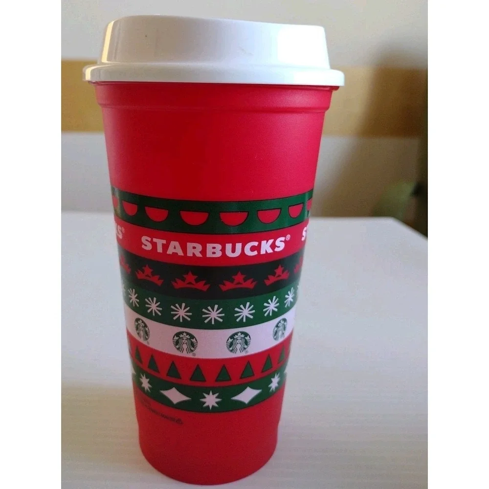Starbucks Plastic Reusable Cup With Lid 2013‎ Christmas Holiday Hot Coffee 16oz